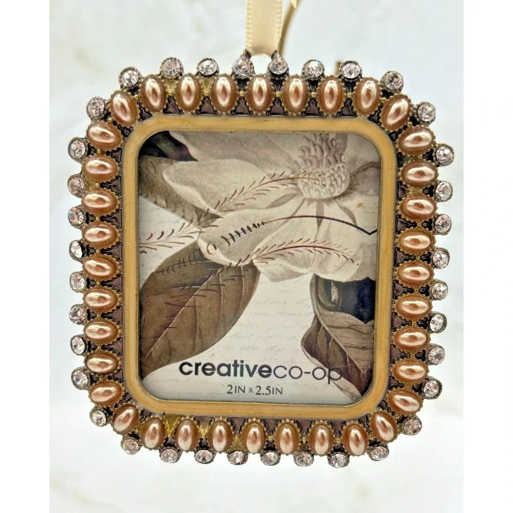 Creative Co-Op Set of 2 Miniature Pewter Frames 2x2-2x3 Faux‎ Beaded Crystal NWT